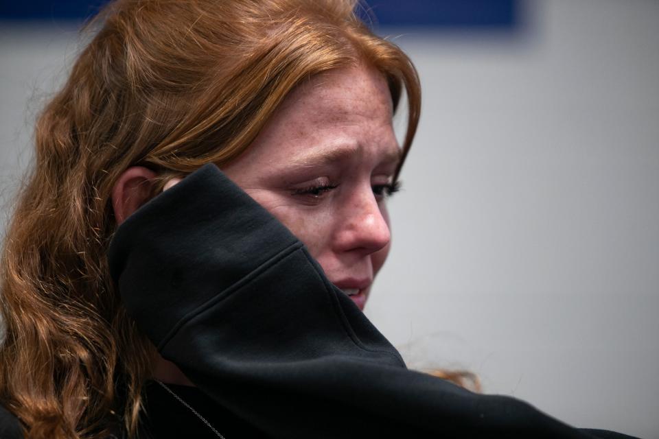 Maryn Fancher, begins to cry while discussing Hurricane Ian and the impact it caused her family and friends. She was being interviewed by The News-Press Friday, October 14, 2022. They all were severely impacted by the effects of Hurricane Ian. 