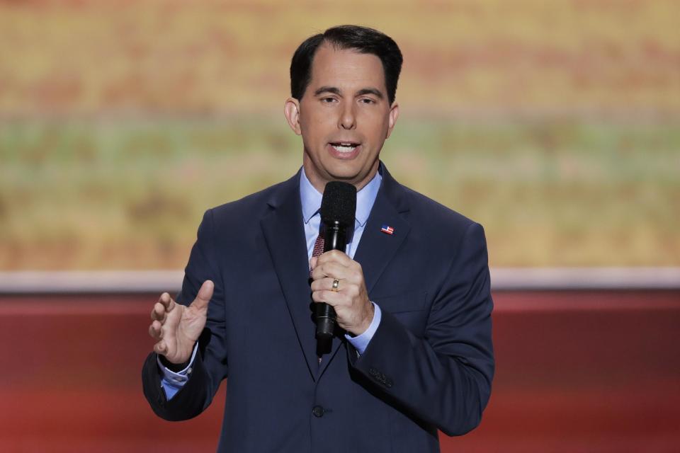 FILE - In this July 20, 2016 file photo, Wisconsin Gov. Scott Walker of Wisconsin at the Republican National Convention in Cleveland. Walker delivers his seventh State of the State speech on Tuesday, Jan. 10, 2017, standing before the largest Republican legislative majorities in decades, don't be surprised if he busts out a pair of sunglasses. (AP Photo/J. Scott Applewhite, File)