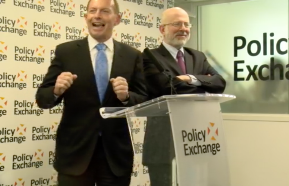 Boris Johnson laughing at the Policy Exchange event. 