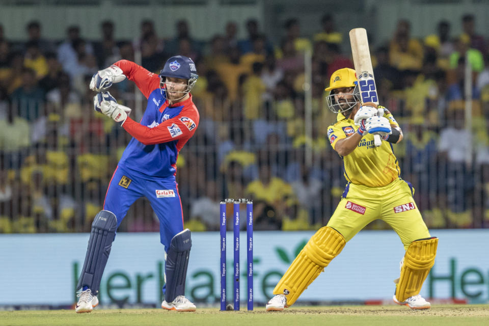 Chennai Super Kings' Ajinkya Rahane plays a shot during the Indian Premier League cricket match between Delhi Capitals and Chennai Super Kings in Chennai, India, Wednesday, May 10, 2023. (AP Photo /R. Parthibhan)