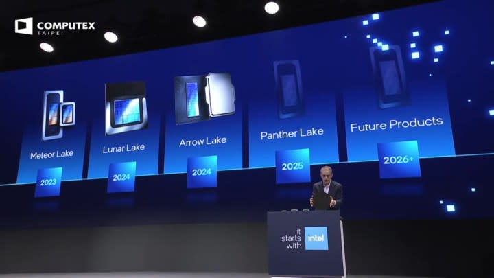 Intel CEO Pat Gelsinger presents Intel's roadmap that includes Arrow Lake, Lunar Lake, and Panther Lake.