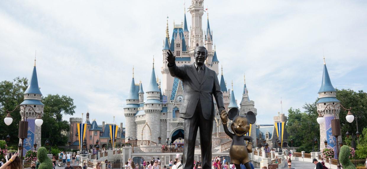 Walt Disney World Resort. 15 Jul 2018 Pictured: The statue of Walt Disney and Mickey Mouse in front of Cinderella Castle located in the Magic Kingdom at Walt Disney World Resort on July 15, 2018 in Orlando, Florida. Photo credit: ZUMAPRESS.com / MEGA TheMegaAgency.com +1 888 505 6342 (Mega Agency TagID: MEGA253651_019.jpg) [Photo via Mega Agency]