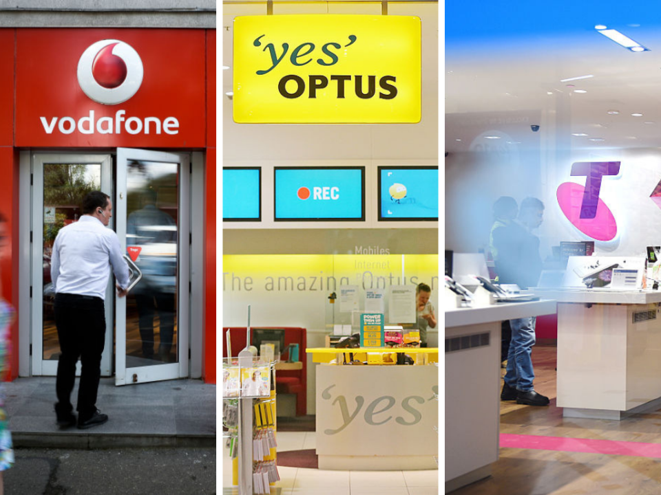 Australia’s major three telcos: Vodafone, Optus, and Telstra. <em>(Source: Getty)</em>