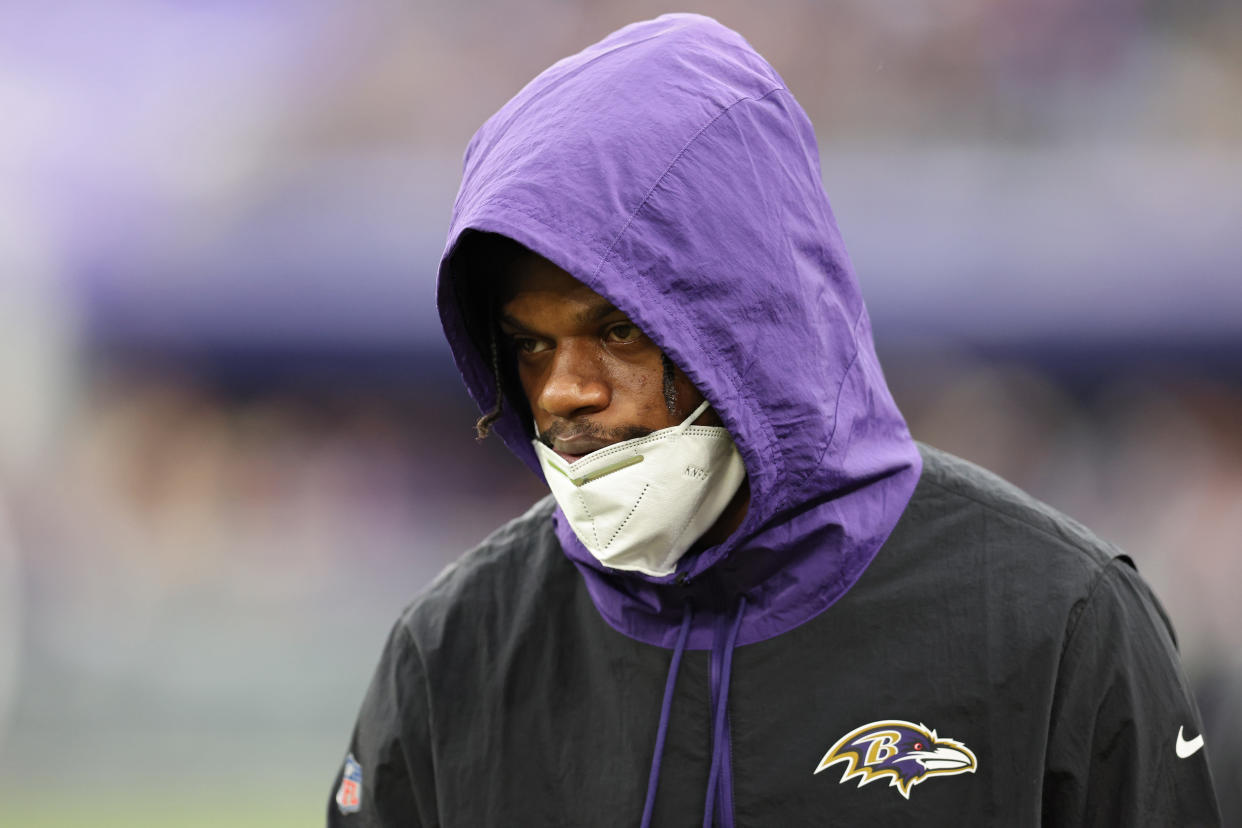 Lamar Jackson made it be known he didn't like the Ravens trading away Marquise Brown on Thursday. (Photo by Patrick Smith/Getty Images)