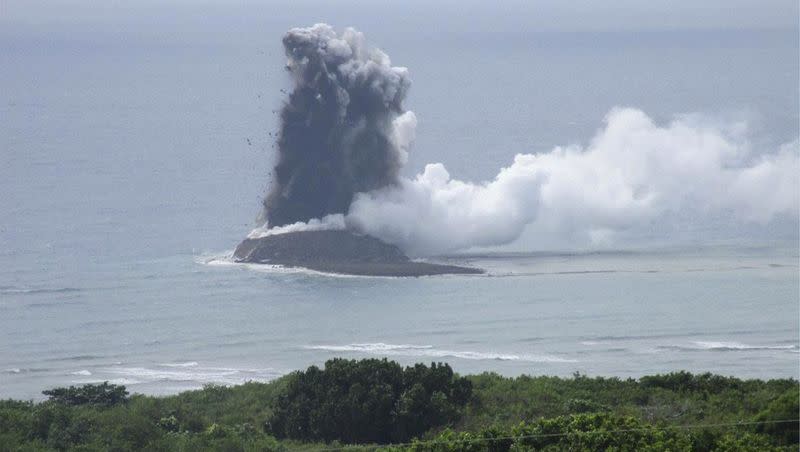 In this photo provided by the Japan Maritime Self-Defense Force, steam billows from the waters off Ioto island, Ogasawara town in the Pacific Ocean, southern Tokyo, on Nov. 1, 2023. An unnamed undersea volcano, located about half a mile off the southern coast of Iwo Jima, which Japan calls Ioto, started its latest series of eruptions on Oct. 21.