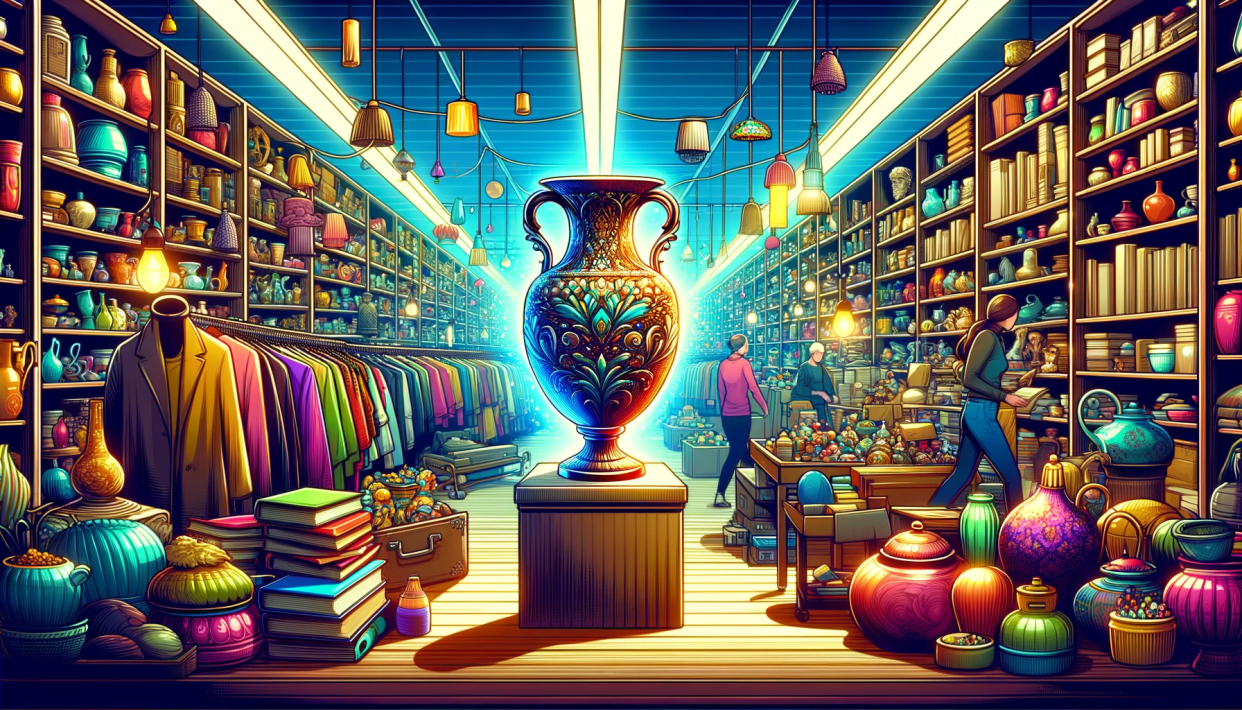 An AI-generated thrift store scen showng shelves crammed with books, clothing, and miscellaneous objects. In the midst of this is an expensive-looking vase. This vase is distinctively glowing, drawing attention to its rarity and high value.