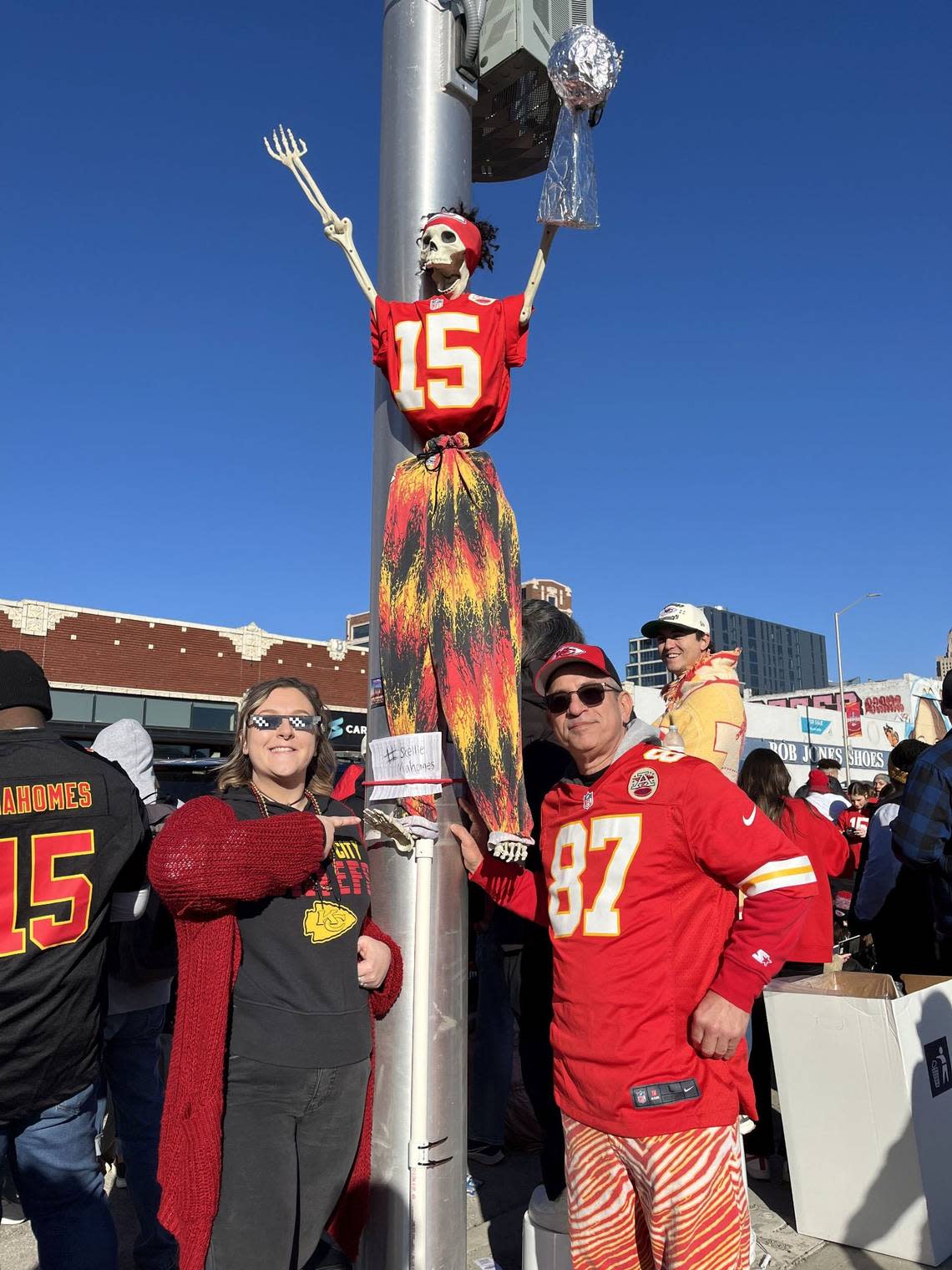 Skellie Mahomes, crafted by Emma Gariety, got a good spot on the parade route. Andrea Klick/aklick@kcstar.com