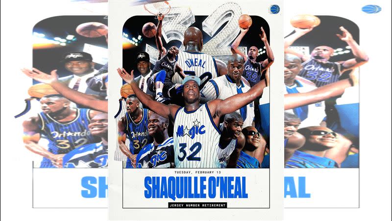 魔術隊宣布退休傳奇名將「俠客」歐尼爾（Shaquille O'Neal）的「32號」球衣。（圖／翻攝自魔術隊官方X）