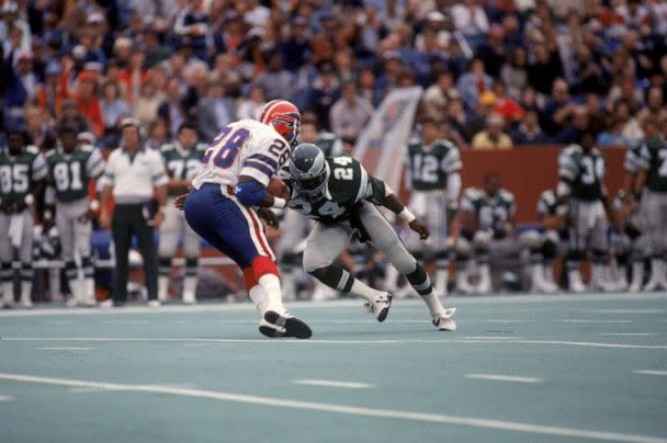 PHOTO: Safety Ray Ellis #24 of the Philadelphia Eagle prepares to stop running back Greg Bell #28 of the Buffalo Bills at Rich Stadium on October 7, 1984 in Orchard Park, New York. (Robert Smith/NFL/Getty Images, FILE)