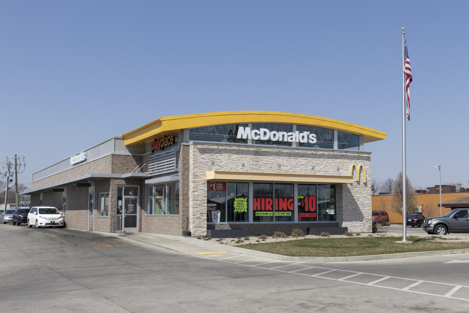 Lafayette - Circa April 2021: McDonald's Restaurant. McDonald's is offering Curbside Pickup and drive thru service during social distancing.