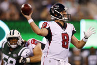 Atlanta Falcons quarterback Matt Schaub (8) throws a pass way from New York Jets' Darron Lee (58) during the first half of a preseason NFL football game Friday, Aug. 10, 2018, in East Rutherford, N.J. (AP Photo/Adam Hunger)