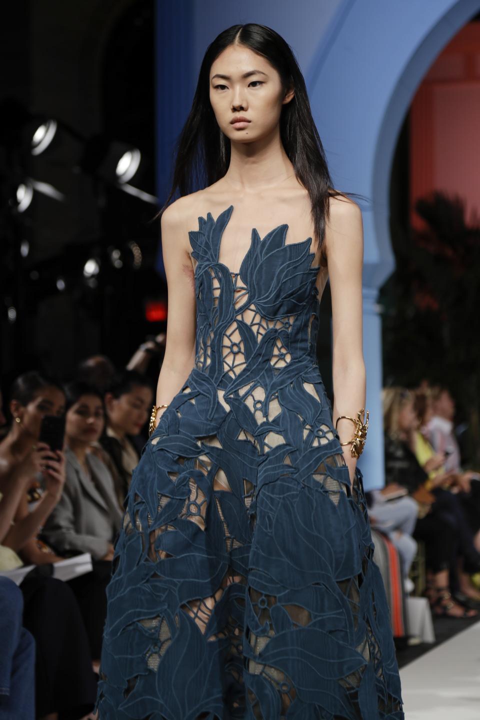 Fashion from the Oscar de la Renta collection is modeled Tuesday, Sept. 10, 2019, during Fashion Week in New York. (AP Photo/Frank Franklin II)