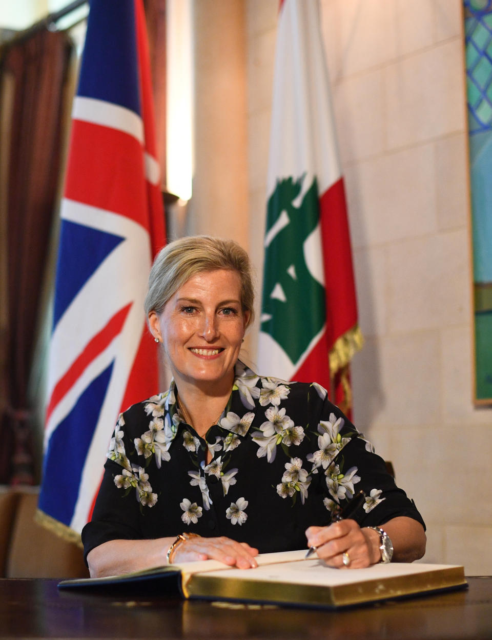 The Countess of Wessex signing the visitor's book during her meeting with Prime Minister of Lebanon, Saad Hariri in Beirut, Lebanon, as part of the first official Royal visit to the country.