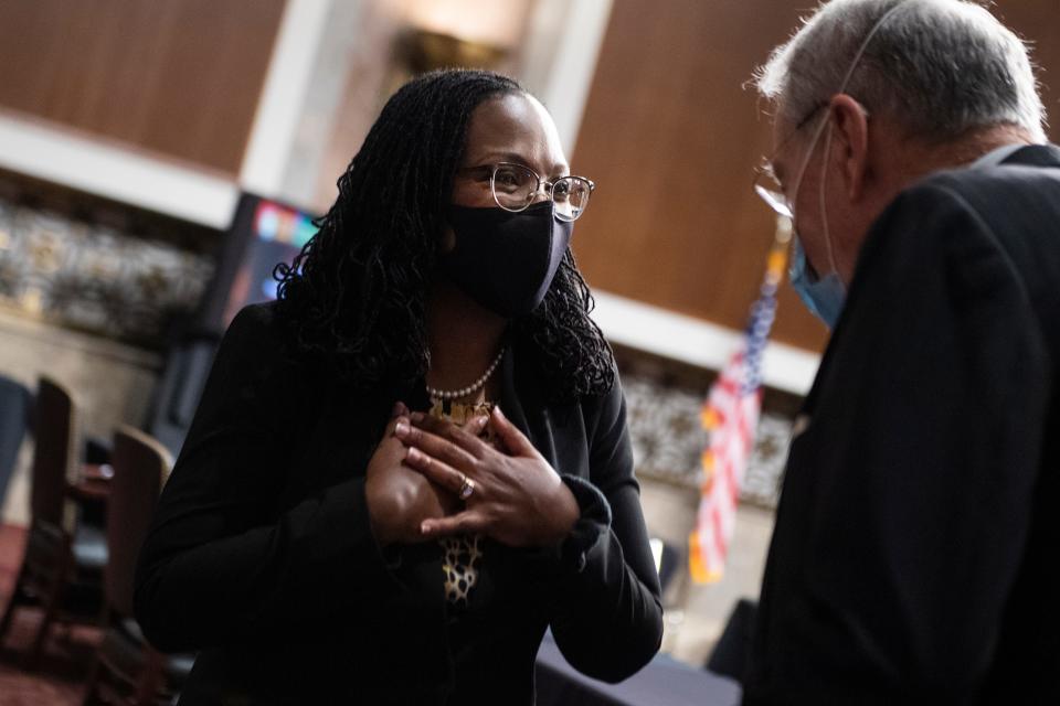 Judge Ketanji Brown Jackson, nominee to the D.C. Circuit, greets Sen. Chuck Grassley, R-Iowa, before her Senate Judiciary Committee confirmation hearing April 28 in Washington.