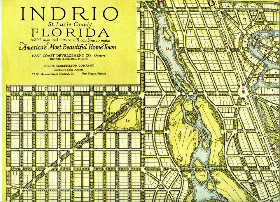 A map showing details of Edwin Binney's proposed Indrio residential development plan from the early 1920s.