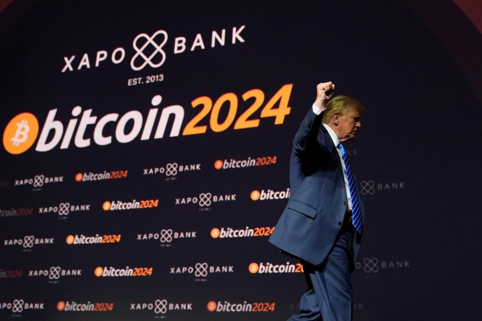 Donald Trump departs after speaking at the Bitcoin 2024 conference in Nashville, Tennessee, on 27 July, 2024 (The Associated Press)