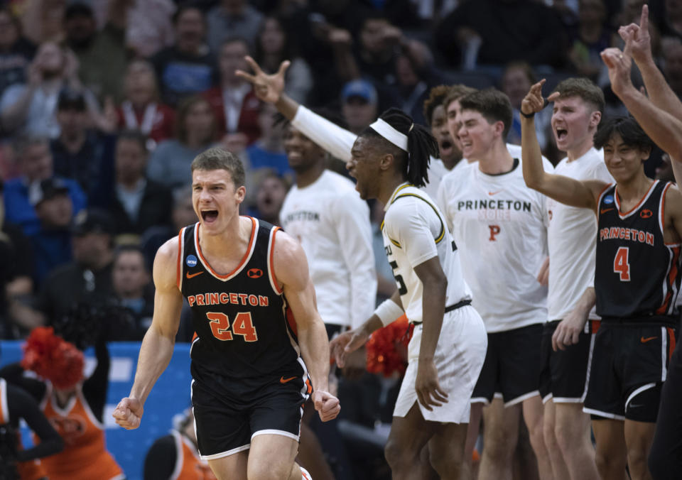 Princeton guard Blake Peters (24) screams after making a 3-point shot in the second half of the team's second-round college basketball game against Missouri in the men's NCAA Tournament, Saturday, March 18, 2023, in Sacramento, Calif. Princeton won 78-63. (AP Photo/José Luis Villegas)