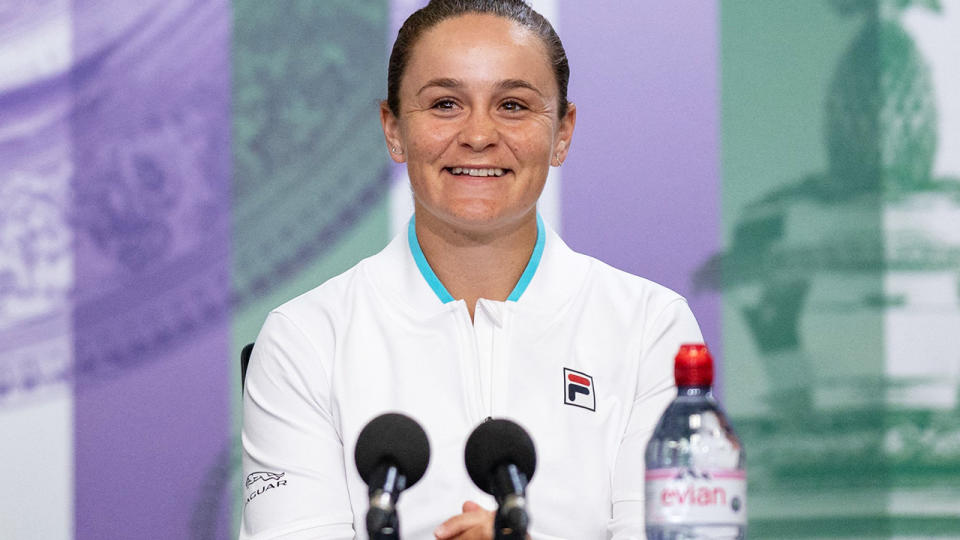 Ash Barty has coyly batted away questions about her fitness heading into Wimbledon. (Photo by AELTC/FLORIAN EISELE/AFP via Getty Images)