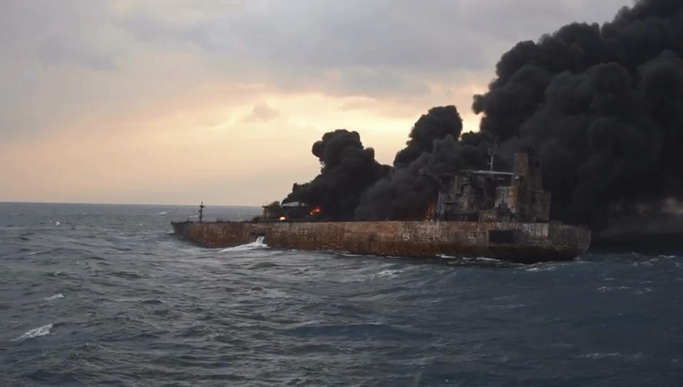 <p>Smoke rises from a fire aboard the oil tanker Sanchi in the East China Sea off the eastern coast of China on Jan. 11, 2018. Rescue ships looking for missing crew members from the oil tanker Sanchi have expanded their search area to more than 2,600 square kilometers (1,000 square miles) as Chinese state television reported Friday that maritime authorities still have not found any survivors, or put out the blaze onboard the ship. (Photo: Ministry of Transport via AP) </p>