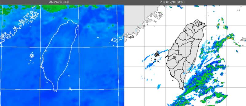 圖：今(10日)晨4：30時紅外線色調強化雲圖顯示，各地晴朗，海上有零散低雲(左圖)。4：40雷達回波合成圖顯示，陸上無降水回波(右圖)。