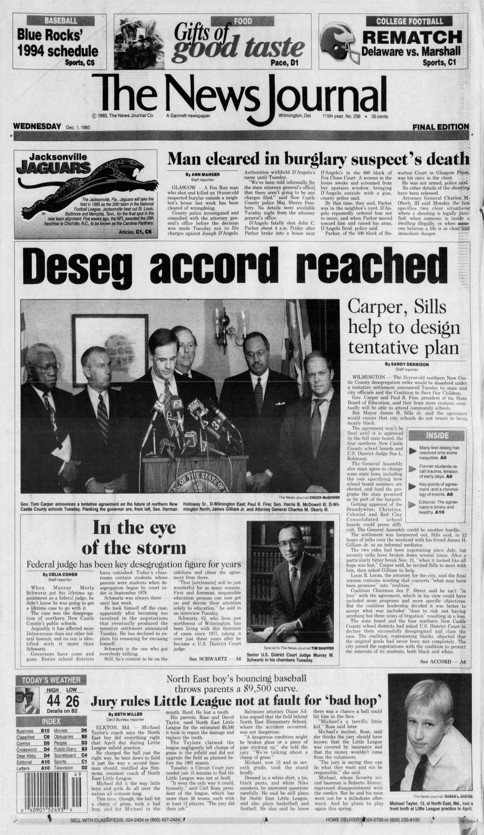 Front page of The News Journal from Dec. 1, 1993.