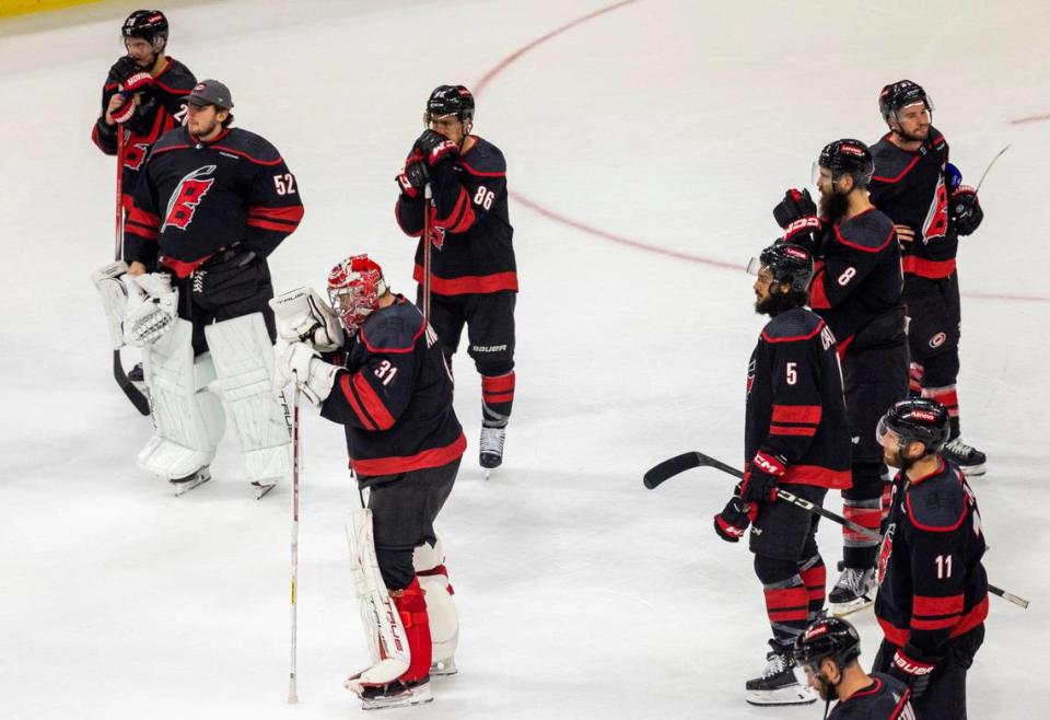 Carolina Hurricanes goaltender Frederik Andersen (31) and his teammates wait for the handshake line after falling 5-3 to the New York Rangers, eliminating them from the 2024 Stanley Cup playoffs on Thursday, May 16, 2024 at PNC Arena in Raleigh N.C.