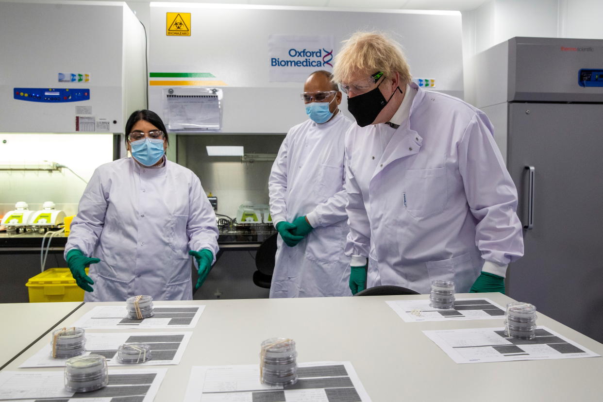 UK prime minister Boris Johnson during a visit at the quality control laboratory of Oxford Biomedica, where batches of the AstraZeneca COVID-19 vaccine are tested, in Oxford, England. Photo: Heathcliff O'Malley/Pool via Reuters