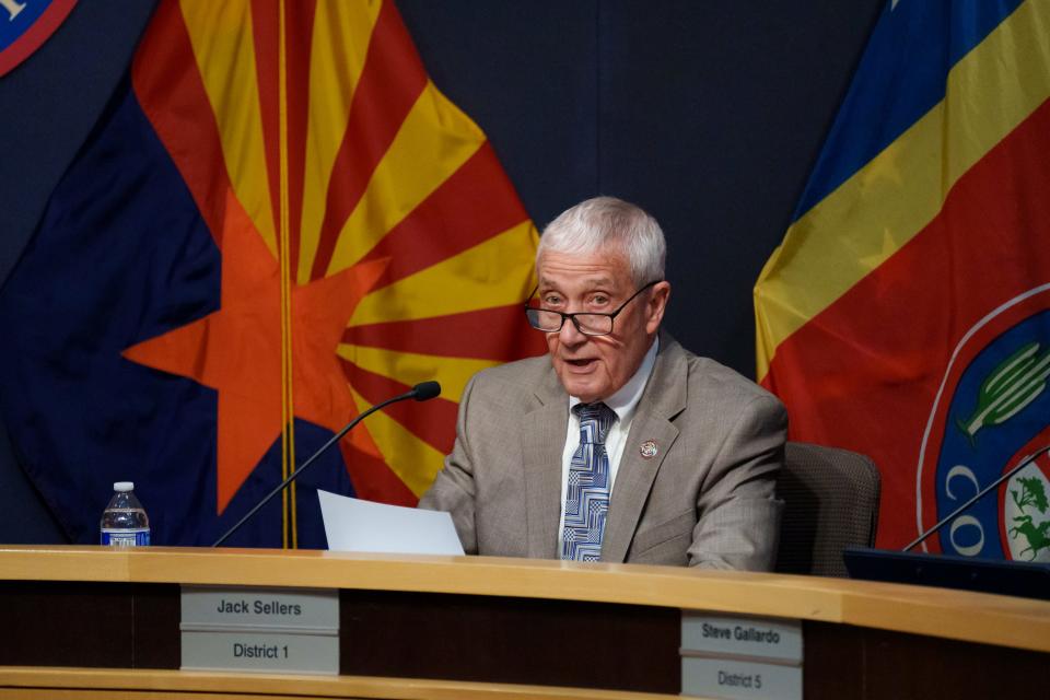 Jack Sellers speaks at the Maricopa County Board of Supervisors special meeting on May 5, 2023, in Phoenix, Ariz.