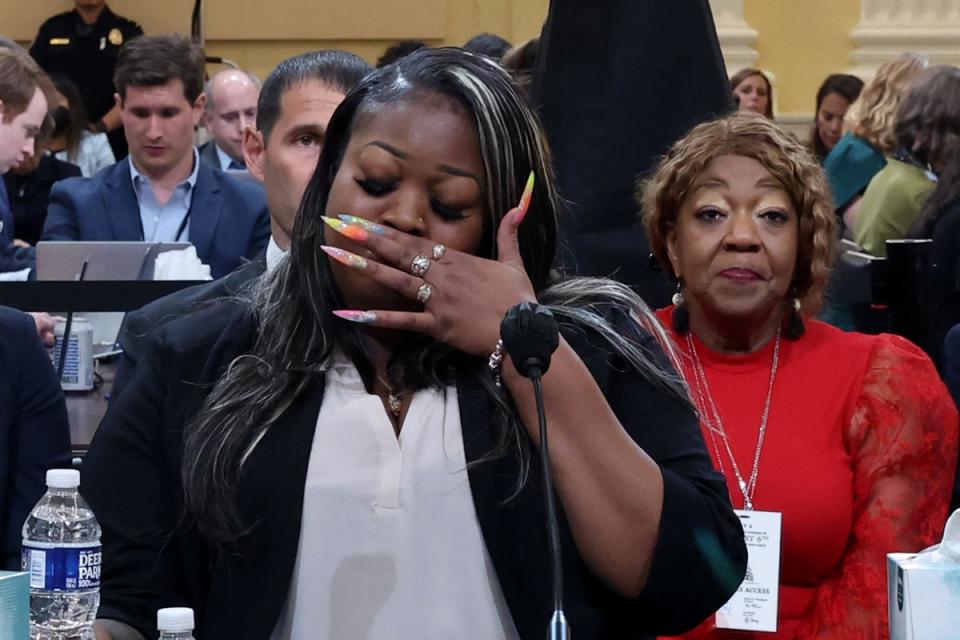 Shaye Moss, former Georgia election worker, becomes emotional while testifying as her mother Ruby Freeman watches during the fourth hearing held by the Select Committee to Investigate the January 6th Attack on the U.S. Capitol on 21 June 2022. (Getty Images)