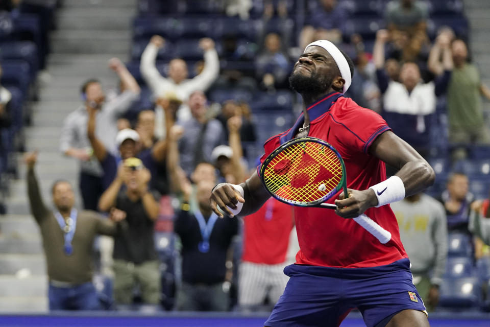 Frances Tiafoe, of the United States, reacts after winning the fourth game in the fourth set against Andrey Rublev, of Russia, at the third round of the US Open tennis championships, Saturday, Sept. 4, 2021, in New York. (AP Photo/Frank Franklin II)