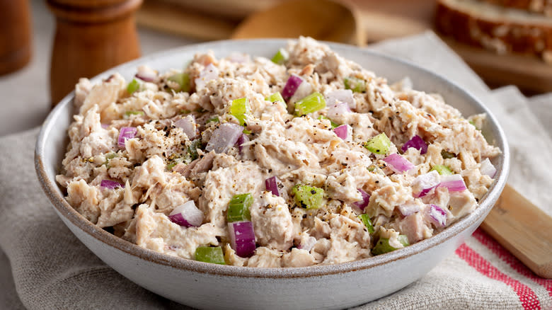 Bowl of tuna salad on a cloth