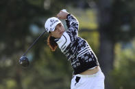 CORRECTS TO JIN YOUNG KO NOT JIN YUNG KO - Jin Young Ko, of South Korea, watches her tee shot on the second hole during the first round of the LPGA Cambia Portland Classic golf tournament in West Linn, Ore., Thursday, Sept. 16, 2021. (AP Photo/Steve Dipaola)