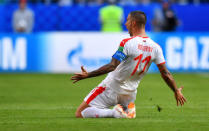 Soccer Football - World Cup - Group E - Costa Rica vs Serbia - Samara Arena, Samara, Russia - June 17, 2018 Serbia's Aleksandar Kolarov celebrates scoring their first goal REUTERS/Dylan Martinez