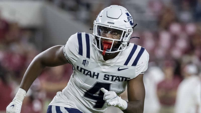 Utah State defensive back Dominic Tatum in action against Alabama on Saturday, Sept. 3, 2022, in Tuscaloosa, Ala. Tatum is one of more than 20 USU players who have entered the transfer portal.