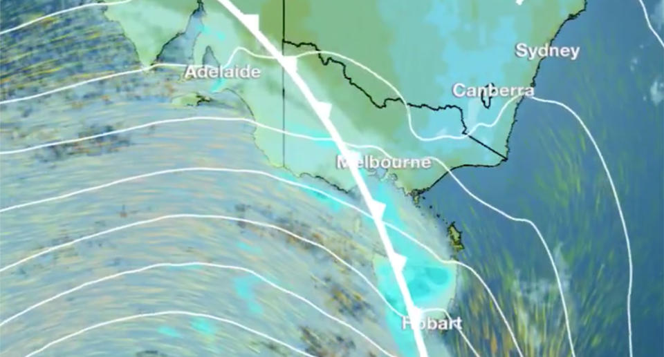 Bureau of Meterology image showing Melbourne and Hobart hit by a cold front.