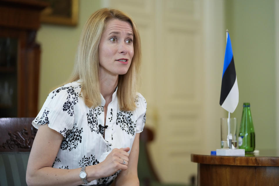 Prime Minister of Estonia, Kaja Kallas speaks during an interview with The Associated Press in Tallinn, Estonia, Wednesday, June 22, 2022. (AP Photo/Sergei Grits)