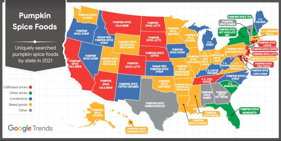 A state-by-state map showing the top pumpkin spice food Google searches for each