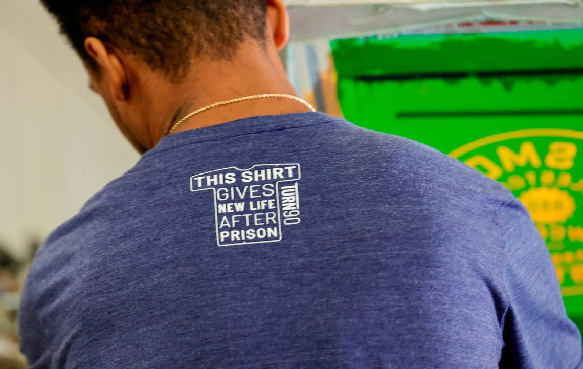 Tyrone Hollins works in the Turn 90 program screen printing shop. Turn 90 helps with the reentry process by helping formerly incarcerated men with life skills.