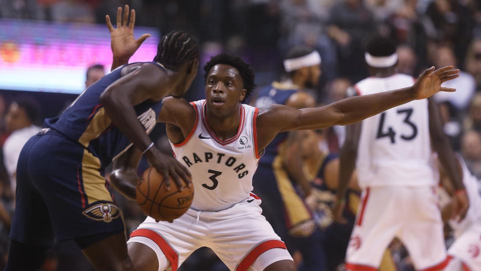 TORONTO, ON- OCTOBER 22  -  Toronto Raptors forward OG Anunoby (3) defends against New Orleans Pelicans guard Jrue Holiday (11)  as the Toronto Raptors open the season against the New Orleans Pelicans with a 130-122 overtime win  at  Scotiabank Arena in Toronto. October 22, 2019.        (Steve Russell/Toronto Star via Getty Images)