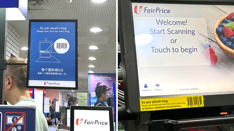 Self-checkout customers are required to scan the barcode individually for each bag they take, as part of FairPrice's system that relies on customer honesty.