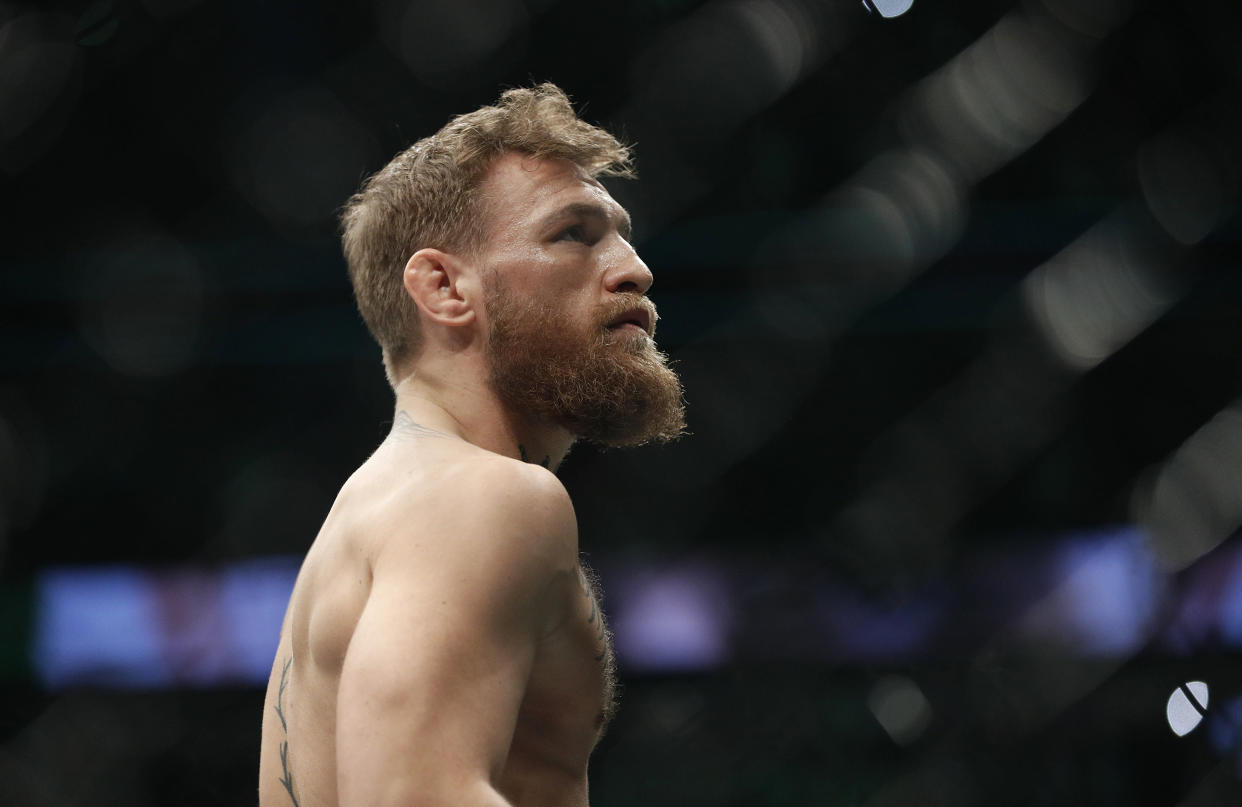 Conor McGregor is shown before fighting Khabib Nurmagomedov in a lightweight title mixed martial arts bout at UFC 229 in Las Vegas, Saturday, Oct. 6, 2018. (AP Photo/John Locher)