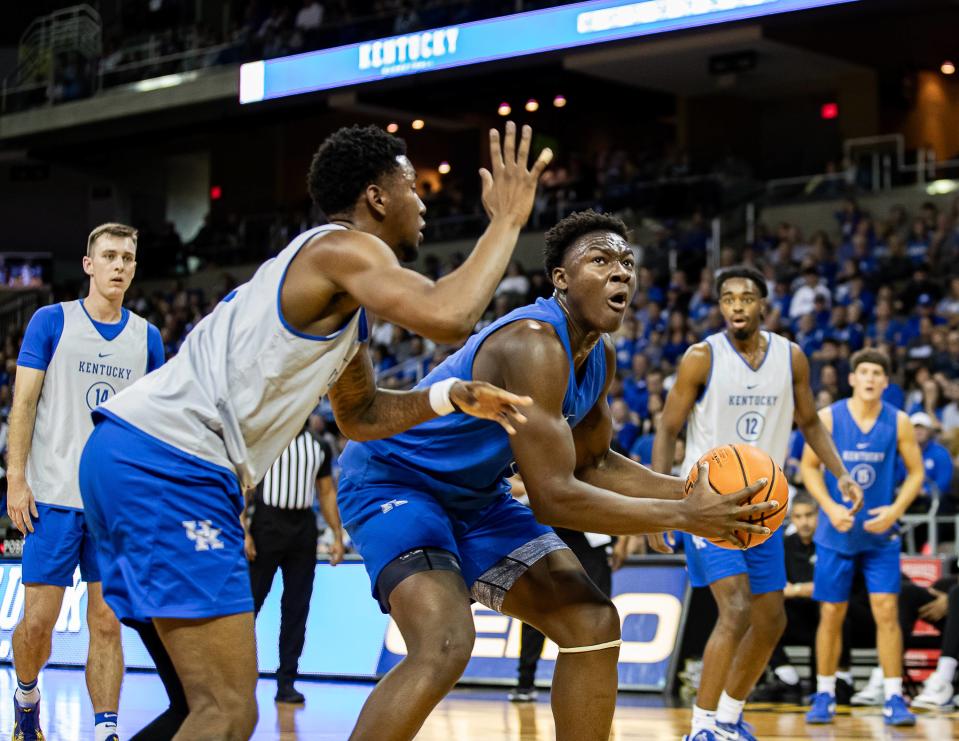 Kentucky's Adou Thiero (3) took it strong to the basket during Kentucky basketball's Blue-White scrimmage at Northern Kentucky University on Saturday, Oct. 21, 2023.