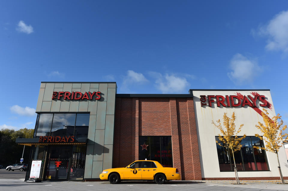 STOKE-ON-TRENT, UNITED KINGDOM - OCTOBER 22:  A general view outside a closed TGI Fridays restaurant as Stoke-on-Trent prepares to move up to tier 2 coronavirus restrictions on October 22, 2020 in Hanley, Stoke-on-Trent, United Kingdom. (Photo by Nathan Stirk/Getty Images)