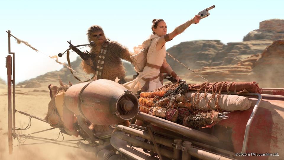 chewbacca and rey fight enemies together in star wars the rise of skywalker