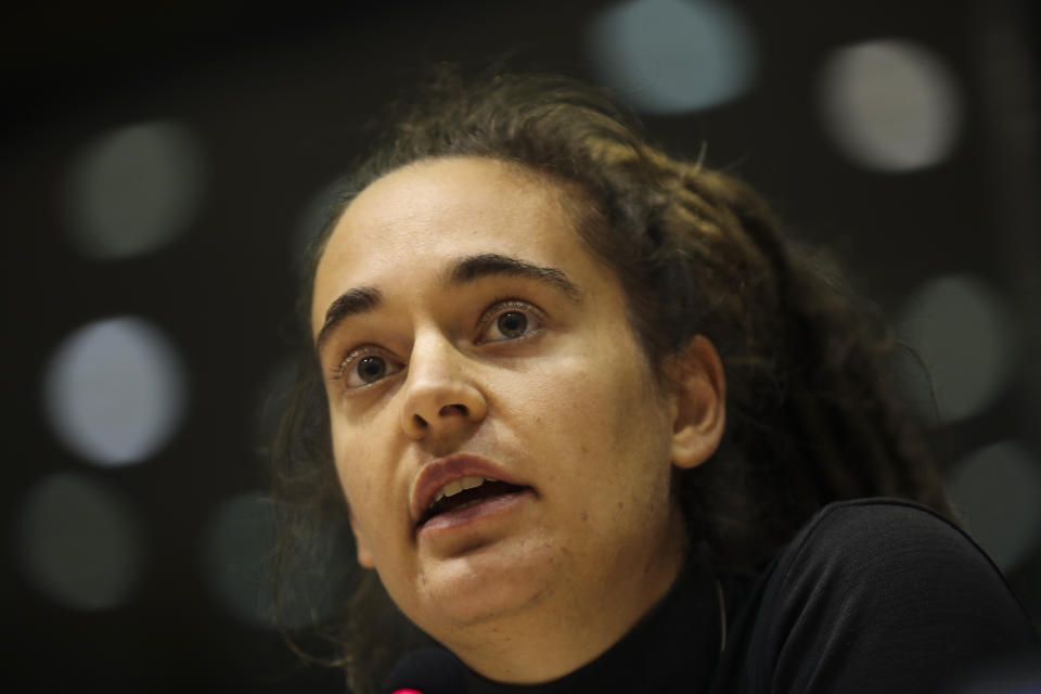 German boat captain Carola Rackete talks during a Civil Liberties and Justice Committee at the European Parliament in Brussels, Thursday, Oct. 3, 2019. (AP Photo/Francisco Seco)