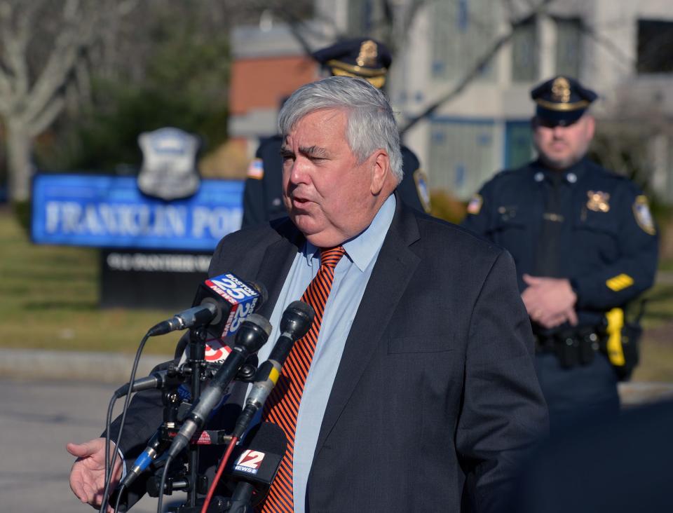 Norfolk District Attorney Michael Morrisey speaks Friday during a press conference outside Franklin Police Headquarters following a fatal fire at 11 Grace Lane.