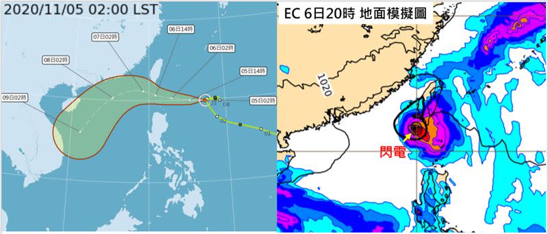 左圖：最新(5日2時)中央氣象局「路徑潛勢預測圖」顯示，第20號颱風「閃電」，今(5)日向西進行，明(6)日颱風中心通過恆春半島南方海面。