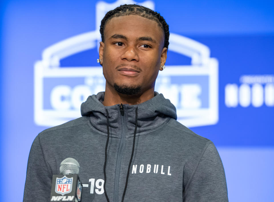 INDIANAPOLIS, INDIANA - MARCH 01: Adonai Mitchell #WO19 of the Texas Longhorns speaks to the media during the 2024 NFL Draft Combine at Lucas Oil Stadium on March 01, 2024 in Indianapolis, Indiana. (Photo by Michael Hickey/Getty Images)