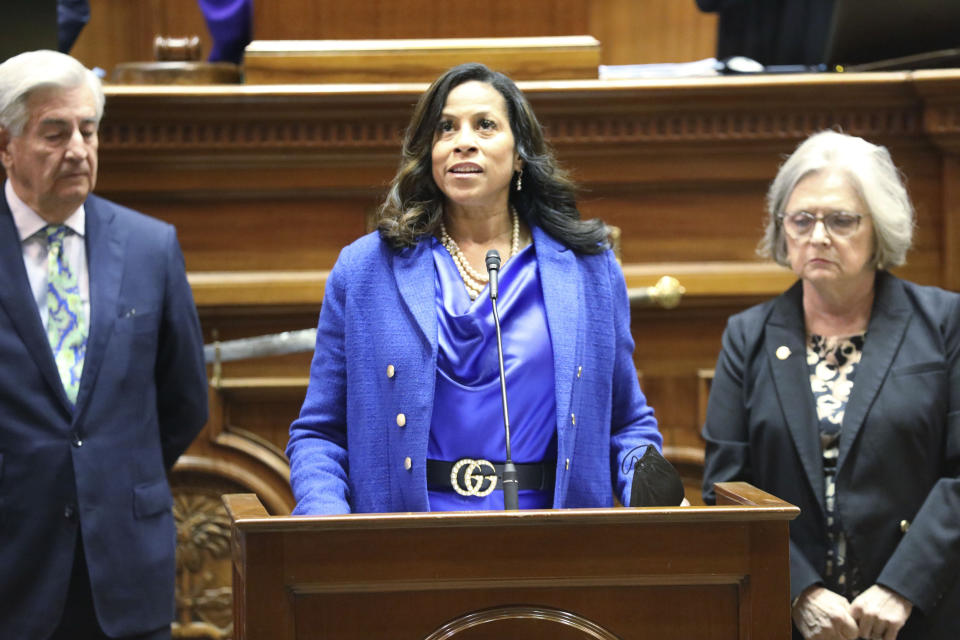 South Carolina Sen. Mia McLeod, I-Columbia, speaks during session on Wednesday, Jan. 24, 2024, in Columbia, S.C. (AP Photo/Jeffrey Collins)