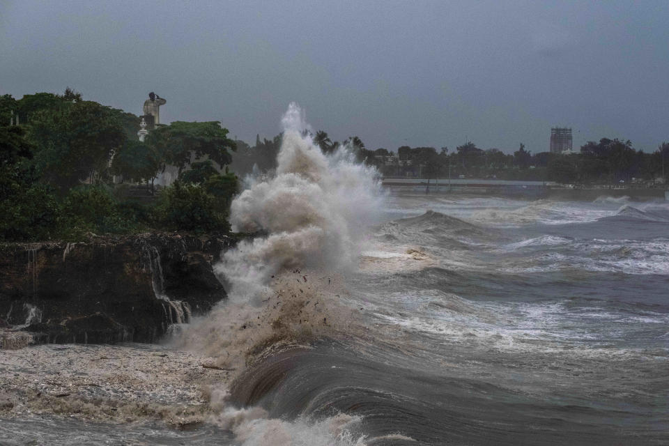 Waves from Hurricane Beryl hit the seawall in Santo Domingo, Dominican Republic, Tuesday, July 2, 2024. (AP Photo/Ricardo Hernandez)